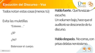 Ejecución del Discurso - Voz
Todosnotanestascosas(menostú)
Evitalasmuletillas
“Esteeee…”
¿Sí?
¿No?
Balancear el cuerpo.
Hablafuerte. Quetuvozse
escuche.
Unvolumenbajo,hacequeel
auditoriosedesconectedetu
discurso.
Habladespacio.Nocorras,con
prisasdelatasnerviosismo.
 