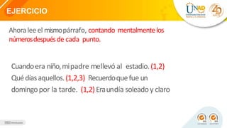 EJERCICIO
Cuandoera niño,mipadre mellevó al estadio.(1,2)
Quédíasaquellos.(1,2,3) Recuerdoquefue un
domingopor la tarde. (1,2) Eraundía soleadoy claro
Ahoralee el mismopárrafo, contando mentalmentelos
númerosdespuésde cada punto.
 
