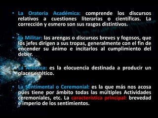 • La Oratoria Académica: comprende los discursos
relativos a cuestiones literarias o científicas. La
corrección y esmero son sus rasgos distintivos.
• La Militar: las arengas o discursos breves y fogosos, que
los jefes dirigen a sus tropas, generalmente con el fin de
encender su ánimo e incitarlos al cumplimiento del
deber.
• La Artística: es la elocuencia destinada a producir un
placer estético.
• La Sentimental o Ceremonial: es la que más nos acosa
pues tiene por ámbito todas las múltiples Actividades
ceremoniales, etc. La característica principal: brevedad
e imperio de los sentimientos.
 