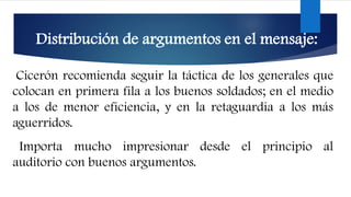 Distribución de argumentos en el mensaje:
Cicerón recomienda seguir la táctica de los generales que
colocan en primera fila a los buenos soldados; en el medio
a los de menor eficiencia, y en la retaguardia a los más
aguerridos.
Importa mucho impresionar desde el principio al
auditorio con buenos argumentos.
 