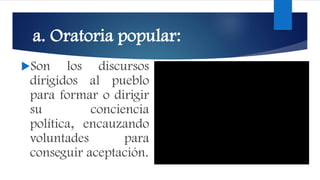a. Oratoria popular:
Son los discursos
dirigidos al pueblo
para formar o dirigir
su conciencia
política, encauzando
voluntades para
conseguir aceptación.
 