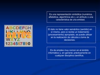 Es una representación simbólica (numérica, alfabética, algorítmica etc.), un atributo o una característica de una entidad.  DATOS El dato no tiene valor semántico (sentido) en sí mismo, pero si recibe un tratamiento (procesamiento) apropiado, se puede utilizar en la realización de cálculos o toma de decisiones.  Es de empleo muy común en el ámbito informático y, en general, prácticamente en cualquier disciplina científica. 