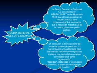 TEORÍA GENERAL  DE LOS SISTEMAS En particular, la teoría general de sistemas parece proporcionar un marco teórico unificador tanto para las ciencias naturales como para las sociales, que necesitaban emplear conceptos tales como "organización", "totalidad", globalidad e "interacción dinámica; lo lineal es sustituido por lo circular. La Teoría General de Sistemas fue concebida por BERTALANFFY en la década de 1940, con el fin de constituir un modelo práctico para conceptualizar los fenómenos que la reducción mecanicista de la ciencia clásica no podía explicar.  