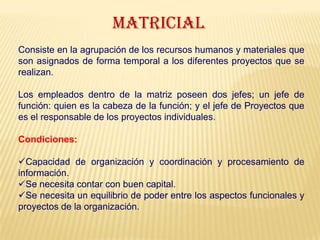 MATRICIAL
Consiste en la agrupación de los recursos humanos y materiales que
son asignados de forma temporal a los diferentes proyectos que se
realizan.
Los empleados dentro de la matriz poseen dos jefes; un jefe de
función: quien es la cabeza de la función; y el jefe de Proyectos que
es el responsable de los proyectos individuales.
Condiciones:
Capacidad de organización y coordinación y procesamiento de
información.
Se necesita contar con buen capital.
Se necesita un equilibrio de poder entre los aspectos funcionales y
proyectos de la organización.
 