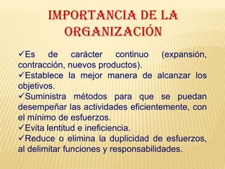 Es de carácter continuo (expansión,
contracción, nuevos productos).
Establece la mejor manera de alcanzar los
objetivos.
Suministra métodos para que se puedan
desempeñar las actividades eficientemente, con
el mínimo de esfuerzos.
Evita lentitud e ineficiencia.
Reduce o elimina la duplicidad de esfuerzos,
al delimitar funciones y responsabilidades.
IMPORTANCIA DE LA
ORGANIZACIÓN
 