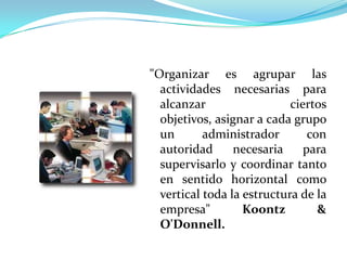 "Organizar es agrupar las
  actividades necesarias para
  alcanzar                  ciertos
  objetivos, asignar a cada grupo
  un       administrador        con
  autoridad      necesaria     para
  supervisarlo y coordinar tanto
  en sentido horizontal como
  vertical toda la estructura de la
  empresa"         Koontz         &
  O'Donnell.
 