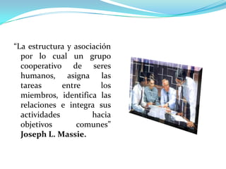 “La estructura y asociación
  por lo cual un grupo
  cooperativo de seres
  humanos, asigna las
  tareas      entre      los
  miembros, identifica las
  relaciones e integra sus
  actividades         hacia
  objetivos       comunes”
  Joseph L. Massie.
 
