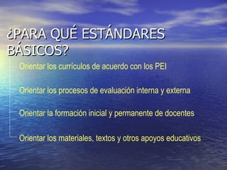 ¿PARA QUÉ ESTÁNDARES BÁSICOS? Orientar la formación inicial y permanente de docentes Orientar los materiales, textos y otros apoyos educativos Orientar los procesos de evaluación interna y externa Orientar los currículos de acuerdo con los PEI  