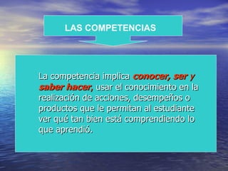 La competencia implica  conocer,   ser  y   saber hacer ,  usar el conocimiento en la realización de acciones, desempeños o productos que le permitan al estudiante ver qué tan bien está comprendiendo lo que aprendió.   LAS COMPETENCIAS 