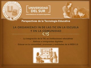 Perspectivas de la Tecnología Educativa 
• La integración de la TIC en instituciones educativas 
• Nativos e inmigrantes digitales 
• Educar en la comunidad; promesas y realidades de la WEB 2.0 
 