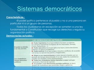 Características :
        -El poder político pertenece al pueblo y no a una persona en
   particular ni a un grupo de personas.
        -Todos los ciudadanos sin excepción se someten a una ley
   fundamental o Constitución que recoge sus derechos y regula su
   organización política.
Democracias actuales :
 
