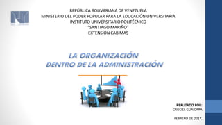 REPÚBLICA BOLIVARIANA DE VENEZUELA
MINISTERIO DEL PODER POPULAR PARA LA EDUCACIÓN UNIVERSITARIA
INSTITUTO UNIVERSITARIO POLITÉCNICO
“SANTIAGO MARIÑO”
EXTENSIÓN CABIMAS
REALIZADO POR:
CRISCIEL GUAICARA
FEBRERO DE 2017.
 