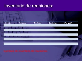 Inventario de reuniones:Ejercicio de inventario de reuniones.