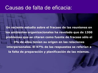 Causas de falta de eficacia:Un reciente estudio sobre el fracaso de las reuniones en los ambientes organizacionales ha revelado que de 1300 problemas que se citaran como fuente de fracaso sólo el 3% de ellos tenían su origen en las relaciones  interpersonales. El 97% de las respuestas se referían a la falta de preparación y planificación de las mismas. 