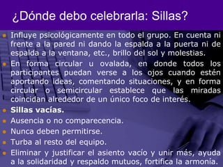 ¿Dónde debo celebrarla: Sillas?Influye psicológicamente en todo el grupo. En cuenta ni frente a la pared ni dando la espalda a la puerta ni de espalda a la ventana, etc., brillo del sol y molestias. En forma circular u ovalada, en donde todos los participantes puedan verse a los ojos cuando estén aportando ideas, comentando situaciones, y en forma circular o semicircular establece que las miradas coincidan alrededor de un único foco de interés. Sillas vacías. Ausencia o no comparecencia. Nunca deben permitirse. Turba al resto del equipo. Eliminar y justificar el asiento vacío y unir más, ayuda a la solidaridad y respaldo mutuos, fortifica la armonía. 