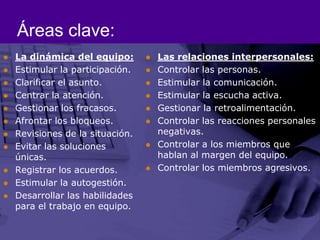 Áreas clave:La dinámica del equipo:Estimular la participación.Clarificar el asunto.Centrar la atención.Gestionar los fracasos.Afrontar los bloqueos.Revisiones de la situación.Evitar las soluciones únicas.Registrar los acuerdos.Estimular la autogestión.Desarrollar las habilidades para el trabajo en equipo.Las relaciones interpersonales:Controlar las personas.Estimular la comunicación.Estimular la escucha activa.Gestionar la retroalimentación.Controlar las reacciones personales negativas.Controlar a los miembros que hablan al margen del equipo.Controlar los miembros agresivos.