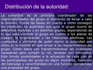 Distribución de la autoridad:La autoridad es el principio coordinador de las responsabilidades del grupo al momento de llevar a cabo la reunión. Funda las bases en cuanto a cómo conseguir los objetivos. La autoridad que guía al grupo ocurre de diferentes maneras y en distintos grados, dependiendo de lo que está viviendo el grupo en cuanto a los planes de trabajo, la organización y las relaciones afectivas. Las cualidades o atributos de quién ejerce la autoridad son útiles en la medida en que sirven a los requerimientos del grupo. Como éstos van transformándose las cualidades necesarias para cumplir su rol, también son diferentes. Esto brinda posibilidades a la actuación de cada uno de los participantes del grupo en algún momento, haciendo del liderazgo y convirtiéndolo en una función compartida, una propiedad del grupo. 