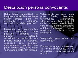 Descripción persona convocante:Habla fluida, tranquilidad, no bloqueo ni muletillas, contacto ocular directo pero no desafiante, relajación corporal, comodidad postural.Expresión de sentimientos tanto negativos como positivos, defiende sin agresión, honestidad, capacidad de hablar de sus propios gustos e intereses, capacidad para discrepar abiertamente, capacidad para pedir aclaraciones, sabe decir “no”, sabe aceptar los errores.Volumen de voz bajo, habla poco fluida, bloqueos, tartamudeo, vacilaciones, silencios, muletillas, huida del contacto ocular, mirada baja, cara tensa, dientes apretados o labios temblorosos, manos nerviosas, postura tensa incómoda.Inseguridad para saber que hacer o decir.Frecuentes quejas a terceros: “x” no me comprende, “x” es un egoísta y se aprovecha de mi, etc.