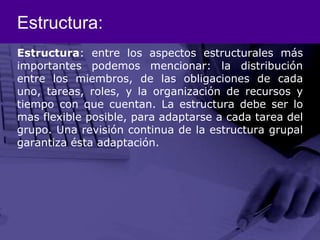 Estructura:Estructura: entre los aspectos estructurales más importantes podemos mencionar: la distribución entre los miembros, de las obligaciones de cada uno, tareas, roles, y la organización de recursos y tiempo con que cuentan. La estructura debe ser lo mas flexible posible, para adaptarse a cada tarea del grupo. Una revisión continua de la estructura grupal garantiza ésta adaptación. 