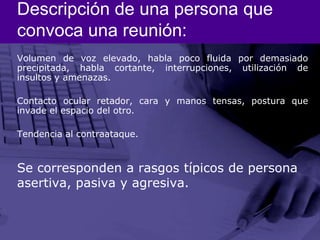 Descripción de una persona que convoca una reunión:Volumen de voz elevado, habla poco fluida por demasiado precipitada, habla cortante, interrupciones, utilización de insultos y amenazas.Contacto ocular retador, cara y manos tensas, postura que invade el espacio del otro.Tendencia al contraataque.Se corresponden a rasgos típicos de persona asertiva, pasiva y agresiva.