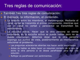 Tres reglas de comunicación:También hay tres reglas de comunicación:El mensaje, la información, el contenido.La relación entre los miembros, el metalenguaje. Mediante el canal verbal se transmite el primer componente, mientras que con el canal no verbal y paraverbal se transmiten los sentimientos.La escucha activa. Hacer que la otra persona se sienta escuchada, en la escucha activa se puede hablar pero no se puede interrumpir, debemos dejar que la otra persona exponga sus puntos de vista, posteriormente ya intentaremos solucionar el problema.Las preguntas aclaratorias abiertas nos hacen sentir escuchados.Antes de hablar se debe hacer un resumen correcto de lo que ha dicho la otra persona si se desea parafrasear para dar una solución.Reflejar es parafrasear con sentimientos.