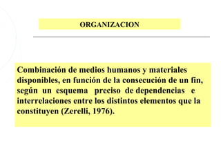 ORGANIZACION




Combinación de medios humanos y materiales
disponibles, en función de la consecución de un fin,
según un esquema preciso de dependencias e
interrelaciones entre los distintos elementos que la
constituyen (Zerelli, 1976).
 
