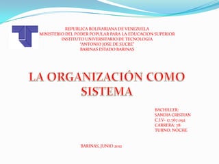 REPUBLICA BOLIVARIANA DE VENEZUELA
MINISTERIO DEL PODER POPULAR PARA LA EDUCACION SUPERIOR
         INSTITUTO UNIVERSITARIO DE TECNOLOGIA
                 “ANTONIO JOSE DE SUCRE”
                 BARINAS ESTADO BARINAS




                                              BACHILLER:
                                              SANDIA CRISTIAN
                                              C.I.V- 17.767.092
                                              CARRERA: 78
                                              TURNO: NOCHE


                BARINAS, JUNIO 2012
 