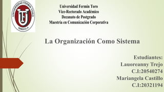 La Organización Como Sistema
Estudiantes:
Lauoreanny Trejo
C.I:20540274
Mariangela Castillo
C.I:20321194
Universidad Fermín Toro
Vice-Rectorado Académico
Decanato de Postgrado
Maestría en Comunicación Corporativa
 