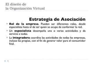 El diseño de  la Organización Virtual Estrategia de Asociación Rol de la empresa . Pueden ser diferentes roles, desde especialista hasta el de ser quien se ocupa de conformar la red. Un  especialista  desempeña una o varias actividades y da servicio a todas. La  integradora  coordina las actividades de todas las empresas, incluso las propias, con el fin de generar valor para el consumidor final. 