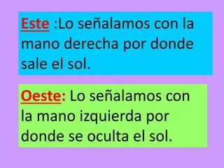 Este :Lo señalamos con la
mano derecha por donde
sale el sol.
Oeste: Lo señalamos con
la mano izquierda por
donde se oculta el sol.
 
