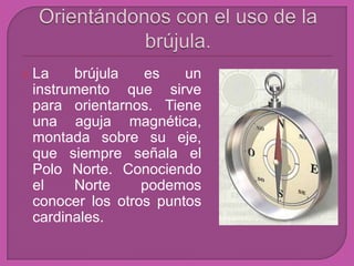  La   brújula   es    un
 instrumento que sirve
 para orientarnos. Tiene
 una aguja magnética,
 montada sobre su eje,
 que siempre señala el
 Polo Norte. Conociendo
 el    Norte     podemos
 conocer los otros puntos
 cardinales.
 