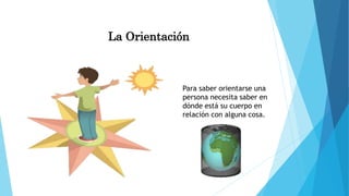 La Orientación
Para saber orientarse una
persona necesita saber en
dónde está su cuerpo en
relación con alguna cosa.
 
