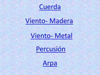 Viento- Madera
Cuerda
Percusión
Viento- Metal
Arpa
 