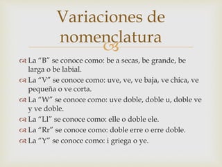 
 La “B” se conoce como: be a secas, be grande, be
larga o be labial.
 La “V” se conoce como: uve, ve, ve baja, ve chica, ve
pequeña o ve corta.
 La “W” se conoce como: uve doble, doble u, doble ve
y ve doble.
 La “Ll” se conoce como: elle o doble ele.
 La “Rr” se conoce como: doble erre o erre doble.
 La “Y” se conoce como: i griega o ye.
Variaciones de
nomenclatura
 