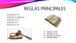 REGLAS PRINCIPALES
USO DE LA “B”.
USO DE LA DOBLE “R”
USO DE LA “Z”
USO DE LA “J”
USO DE LA “G”
 USO DE LA “N”
 USO DE LA “M”
 USO DE LAS TILDES
 MONOSILABOS
 