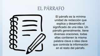 EL PÁRRAFO
El párrafo es la mínima
unidad de redacción que
explica y desarrolla el
significado de una idea. Un
párrafo generalmente, tiene
diversas oraciones, todas
ellas contienen la misma
palabra clave o idea clave
que controla la información
en el resto del párrafo.
 