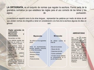 LA ORTOGRAFÍA, es el conjunto de normas que regulan la escritura. Forma parte de la
gramática normativa ya que establece las reglas para el uso correcto de las letras y los
signos de puntuación.
La escritura en español como la de otras lenguas , representan las palabras por medio de letras de allí
que ,existen normas de ortografía a tener en consideración a la hora de la escritura algunas de ellas en
general son: :
Reglas generales de
acentuación.
Mayúsculas y
monosílabos.
Se escriben con tilde:
-Las palabras agudas que
terminan en vocal,-n o –s:
alhelí, cinturón, compás.
-Las palabras llanas o
graves que no acaban en
vocal, -n o –s: hábil,
césped.
-Todas las palabras
esdrújulas y
sobreesdrújulas: árgola,
remítemelo.
-La tilde debe aparecer, si
le corresponde, cuando se
emplee letra mayúscula:
Iñigo.
Minúsculas
Se utilizan cuando se
trata de:
-Días de la semana
- Meses del año
- Estaciones del año
- Puntos cardinales
- El resto de las palabras
no comprendidas en el
uso de mayúsculas.
Mayúsculas
Se utilizan en los siguientes
casos:
-Inicio de enumeraciones,
escritos, párrafos, oraciones
y cartas notruncadas.
-Nombres propios
-Atributos divinos
-Apodos
-Títulos de obras
ABREVIATURAS
Las tan usuales
abreviaturas son
representaciones gráficas
de las palabras mediante
sólo algunas de sus
letras, seguidas de un
punto. Las palabras
abreviadas pueden estar
aisladas (Lic.) o formar
grupos (q. e. p. d.;D.F.; s.
e. u. o.). En ambos casos
no se leen las letras
escritas sino las íntegras
(licenciado/a; que en paz
descanse, Distrito
Federal;).
 