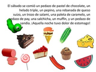 El sábado se comió un pedazo de pastel de chocolate, un
        helado triple, un pepino, una rebanada de queso
    suizo, un trozo de salami, una paleta de caramelo, un
 pedazo de pay, una salchicha, un muffin, y un pedazo de
         sandia. ¡Aquella noche tuvo dolor de estomago!
 