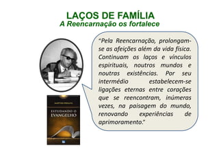 “Pela Reencarnação, prolongam-
se as afeições além da vida física.
Continuam os laços e vínculos
espirituais, noutros mundos e
noutras existências. Por seu
intermédio estabelecem-se
ligações eternas entre corações
que se reencontram, inúmeras
vezes, na paisagem do mundo,
renovando experiências de
aprimoramento.”
LAÇOS DE FAMÍLIA
A Reencarnação os fortalece
LAÇOS DE FAMÍLIA
A Reencarnação os fortalece
 