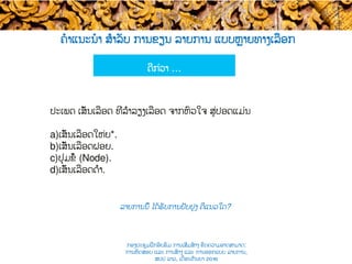 ຄໍາແນະນໍາ ສຳລັບ ການຂຽນ ລາຍການ ແບບ​ຫຼາຍທາງເລືອກ
ລາຍການນີ້ ໄດ້ຮັບການປັບປຸງ ຄືແນວໃດ​?
ປະເພດ​ ເສັ້ນເລືອດ ທີ່ລຳລຽງເລືອດ ຈາກຫົວໃຈ ສູ່​ປອດແມ່ນ ​
a) ເສັ້ນເລືອດໃຫ່ຍ​*.
b) ເສັ້ນເລືອດຝອຍ.
c) ປຸ່ມຂໍ້ (Node).
d) ເສັ້ນເລືອດດຳ.
ດີກ່ວາ …
ກອງປະຊຸມຝຶກອົບຮົມ ການເສີມສ້າງ ຂີດ​ຄວາມອາດສາມາດ:
ການທົດສອບ ແລະ ການສ້າງ​ ແລະ ການອອກແບບ ລາຍການ,
ສປປ ລາວ, ​ເດືອນກັນຍາ 2016
 