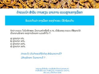 ຄໍາແນະນໍາ ສຳລັບ ການຂຽນ ລາຍການ ແບບ​ຫຼາຍທາງເລືອກ
ຮັບປະກັນວ່າ ທາງເລືອກ ຂອງຄໍາຕອບ ​ບໍ່ຊໍ້າຊ້ອນ​ກັນ​
ຄໍາຕອບໃດ ເປັນຄຳຕອບທີ່​ຖືກຕ້ອງ ສຳລັບ​ລາຍການນີ້​?
ມີຫັຍງຜິດພາດ ໃນລາຍການນີ້​ ​?
ຖ້າວ່າ ຄະແນນ ໃນບົດ​ທົດສອບ ມີຄວາມຫນ້າເຊື່ອຖື ​0.75, ເປີເຊັນຂອງ ຄະແນນ ທີ່​ສັງເກດໄດ້​
ເປັນ​ຄວາມຜິດພາດ ຂອງການວັດແທກ ແມ່ນເທົ່າໃດ ?
a)  ຫຼາຍກ່ວາ​ 5%.
b)  ຫຼາຍກ່ວາ​ 10%.
c)  ຫຼາຍກ່ວາ​ 20%.
d)  ຫຼາຍກ່ວາ​ 30%.
ກອງປະຊຸມຝຶກອົບຮົມ ການເສີມສ້າງ ຂີດ​ຄວາມອາດສາມາດ:
ການທົດສອບ ແລະ ການສ້າງ​ ແລະ ການອອກແບບ ລາຍການ,
ສປປ ລາວ, ​ເດືອນກັນຍາ 2016
 