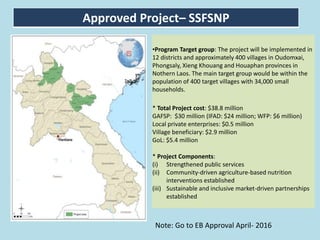 Approved Project– SSFSNP
•Program Target group: The project will be implemented in
12 districts and approximately 400 villages in Oudomxai,
Phongsaly, Xieng Khouang and Houaphan provinces in
Nothern Laos. The main target group would be within the
population of 400 target villages with 34,000 small
households.
* Total Project cost: $38.8 million
GAFSP: $30 million (IFAD: $24 million; WFP: $6 million)
Local private enterprises: $0.5 million
Village beneficiary: $2.9 million
GoL: $5.4 million
* Project Components:
(i) Strengthened public services
(ii) Community-driven agriculture-based nutrition
interventions established
(iii) Sustainable and inclusive market-driven partnerships
established
Note: Go to EB Approval April- 2016
 