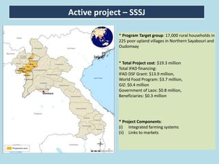 Active project – SSSJ
* Program Target group: 17,000 rural households in
225 poor upland villages in Northern Sayabouri and
Oudomxay
* Total Project cost: $19.3 million
Total IFAD financing:
IFAD DSF Grant: $13.9 million,
World Food Program: $3.7 million,
GIZ: $0.4 million
Government of Laos: $0.8 million,
Beneficiaries: $0.3 million
* Project Components:
(i) Integrated farming systems
(ii) Links to markets
 