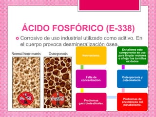 ÁCIDO FOSFÓRICO (E-338)
 Corrosivo de uso industrial utilizado como aditivo. En
el cuerpo provoca desmineralización ósea.
Nerviosismo.
Falta de
concentración.
Problemas
gastrointestinales.
Problemas de
enzimáticos del
metabolismo.
Osteoporosis y
osteomalacia.
En talleres este
componente se usa
para limpiar motores
o aflojar los tornillos
oxidados
 