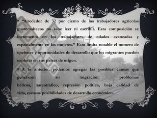  “Alrededor de 32 por ciento de los trabajadores agrícolas
guatemaltecos no sabe leer ni escribir. Esta composición se
incrementa en los trabajadores de edades avanzadas y
especialmente en las mujeres.” Esto limita notable el numero de
opciones y oportunidades de desarrollo que los migrantes pueden
explorar en sus países de origen.

 A lo anterior, podemos agregar las posibles causas que
generaron             su            migración:             problemas
bélicos,   narcotráfico,   represión   política,   baja   calidad   de
vida, escasas posibilidades de desarrollo económico.
 