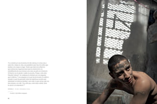 “La violencia es un monstruo de mil cabezas, le cortas una y
salen dos. Quitas la vida a un pandillero pero hay dos niños que
sueñan con ocupar su lugar. Siento que todos los esfuerzos
que realizan las organizaciones para la reinserción y la
rehabilitación de esos jóvenes son como un grito en el desierto.
Al final la voz se pierde y nadie la escucha. Porque, como dice
                   1
Eduardo Galeano : Se condena al criminal y no a la máquina
que lo fabrica. Y esa máquina es la que ha provocado el conflicto
armado, la que ha generado todas las injusticias sociales que
alimentan la violencia familiar y, por ende, la que arroja cada vez

la cárcel o el cementerio.„
más jóvenes a la calle. Una calle que, como única salida, tiene


Verónica J. 32 años, trabajadora social.

1   	
        Escritor y periodista uruguayo.


60
 