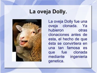 La oveja Dolly.
La oveja Dolly fue una
oveja clonada. Ya
hubieron otras
clonaciones antes de
esta, el hecho de que
ésta se convirtiera en
una tan famosa es
que fue clonada
mediante ingenieria
genetica.
 