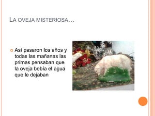 LA OVEJA MISTERIOSA…



   Así pasaron los años y
    todas las mañanas las
    primas pensaban que
    la oveja bebía el agua
    que le dejaban
 