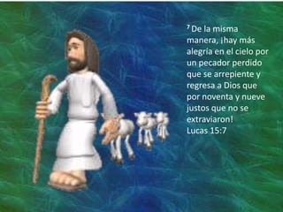 7 De la misma
manera, ¡hay más
alegría en el cielo por
un pecador perdido
que se arrepiente y
regresa a Dios que
por noventa y nueve
justos que no se
extraviaron!
Lucas 15:7