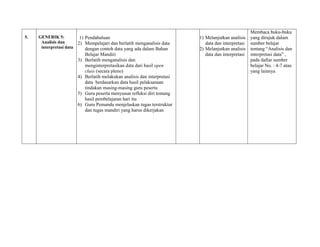 5. GENERIK 5:
Analisis dan
interpretasi data
1) Pendahuluan
2) Mempelajari dan berlatih menganalisis data
dengan contoh data yang ada dalam Bahan
Belajar Mandiri
3) Berlatih menganalisis dan
menginterpretasikan data dari hasil open
class (secara pleno)
4) Berlatih melakukan analisis dan interpretasi
data berdasarkan data hasil pelaksanaan
tindakan masing-masing guru peserta
5) Guru peserta menyusun refleksi diri tentang
hasil pembelajaran hari itu
6) Guru Pemandu menjelaskan tugas terstruktur
dan tugas mandiri yang harus dikerjakan
1) Melanjutkan analisis
data dan interpretasi
2) Melanjutkan analisis
data dan interpretasi
Membaca buku-buku
yang dirujuk dalam
sumber belajar
tentang “Analisis dan
interpretasi data” ,
pada daftar sumber
belajar No. : 4-7 atau
yang lainnya
 